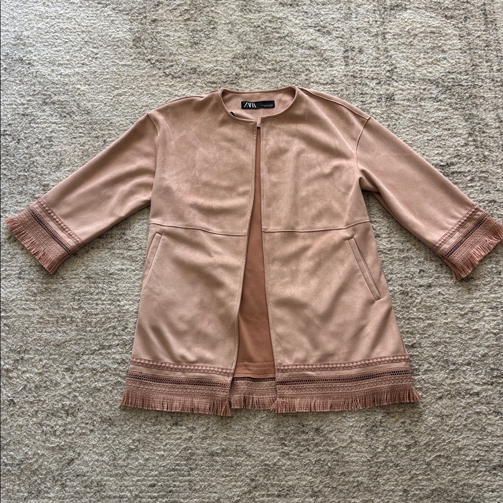 Zara | Blush Fringe-Trim Faux Suede Trench Coat